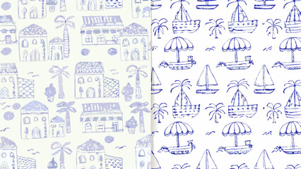 Illustration pattern featuring coastal houses and boats with palm trees in a hand drawn style design silhouette