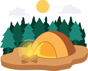 Outdoor camping with tent and campfire illustration