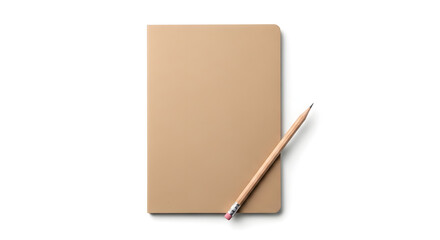 Top view of a beige notebook placed beside a wooden pencil on a white background showcasing stationary essentials