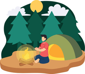 Man warming by campfire illustration