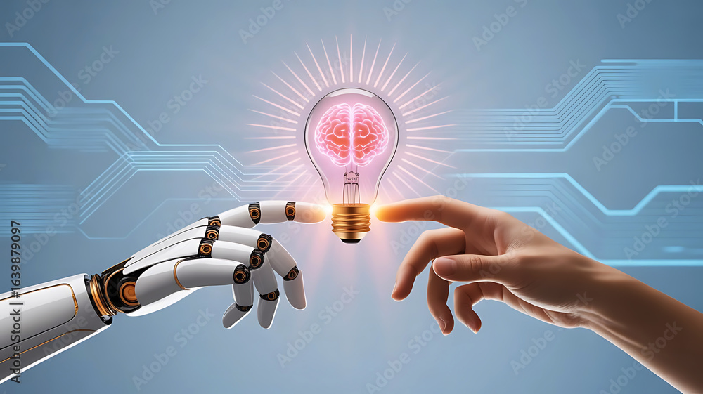 Poster human and robot hands reaching for a glowing lightbulb symbolizing innovation and artificial intelli