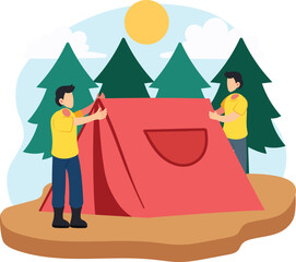 Boys setting up camping tent illustration
