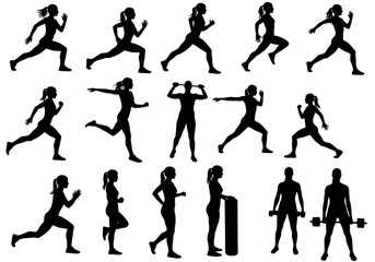 Dynamic collection of female fitness silhouettes showcasing diverse exercises like running, lunges, and weightlifting for health and wellness inspiration
