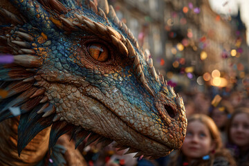 Close-up of a massive dragon puppet with shimmering scales and glowing eyes at the Great Dragon Parade in Kraków, puppeteers skillfully controlling wings and head