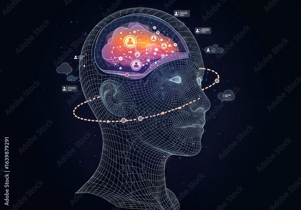 Poster digital brain with neural network and data connections for reputation economy concept