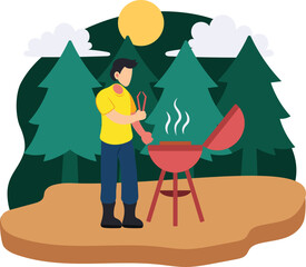 Boy grilling meat in forest illustration