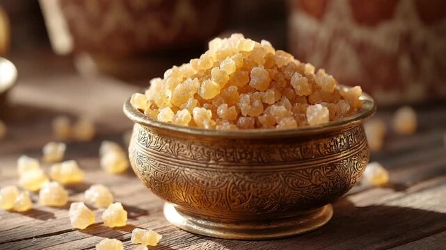 close-up of asafoetida resin pieces in a traditional indian brass spice container video