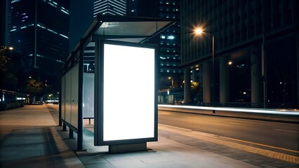 Modern Empty Space Advertisement Board, Blank White Signboard In City In Night, Bus Stand Empty Billboard In Night, 