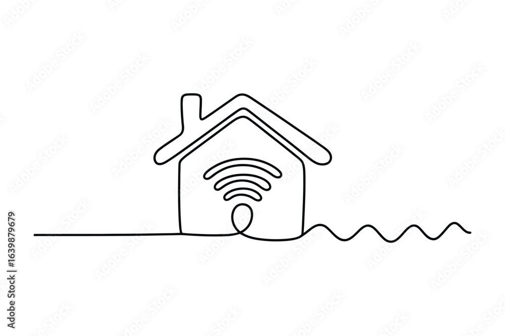 Aufkleber continuous one-line drawing of a home with a wi-fi symbol. a simple minimalist line art.