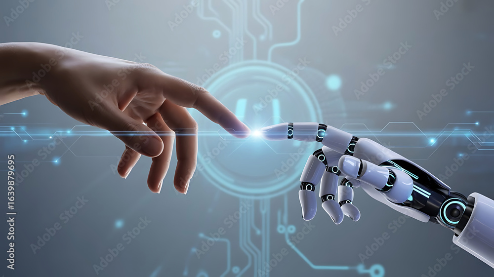 Poster human and robot fingers touching in a futuristic digital network symbolizing artificial intelligence