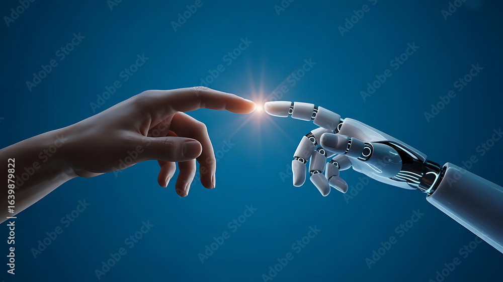 Poster human and robot fingers touching with a bright spark of light symbolizing connection and technology