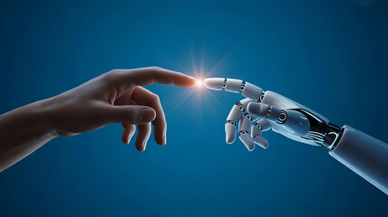 Human and robot fingers touching with a bright spark of light symbolizing connection and technology