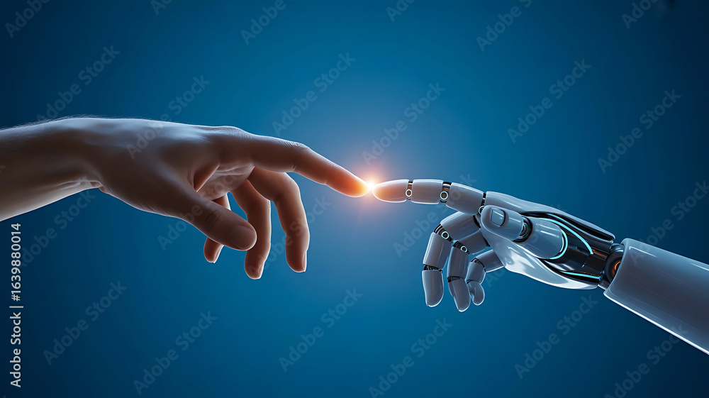 Poster human and robotic hands reaching out to touch symbolizing the connection between humanity and artifi