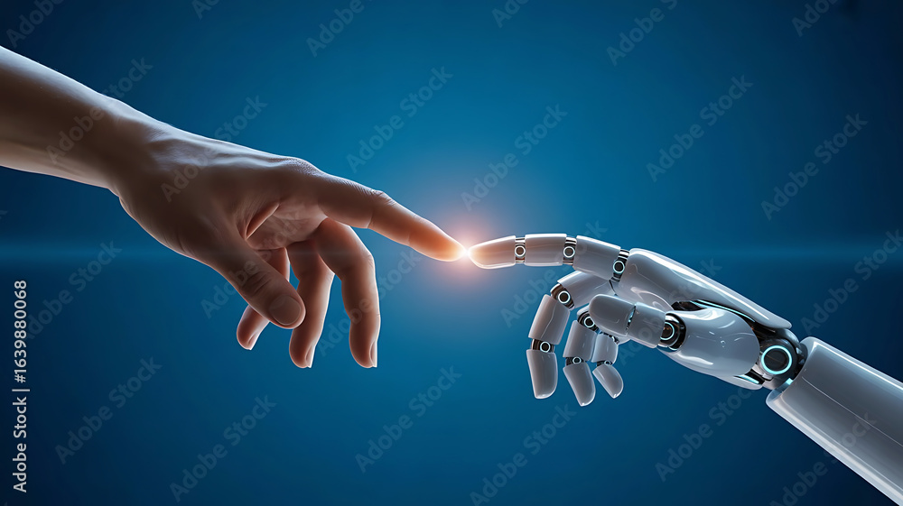 Poster human and robot hands reaching out to touch with glowing fingertip connection symbolizing artificial