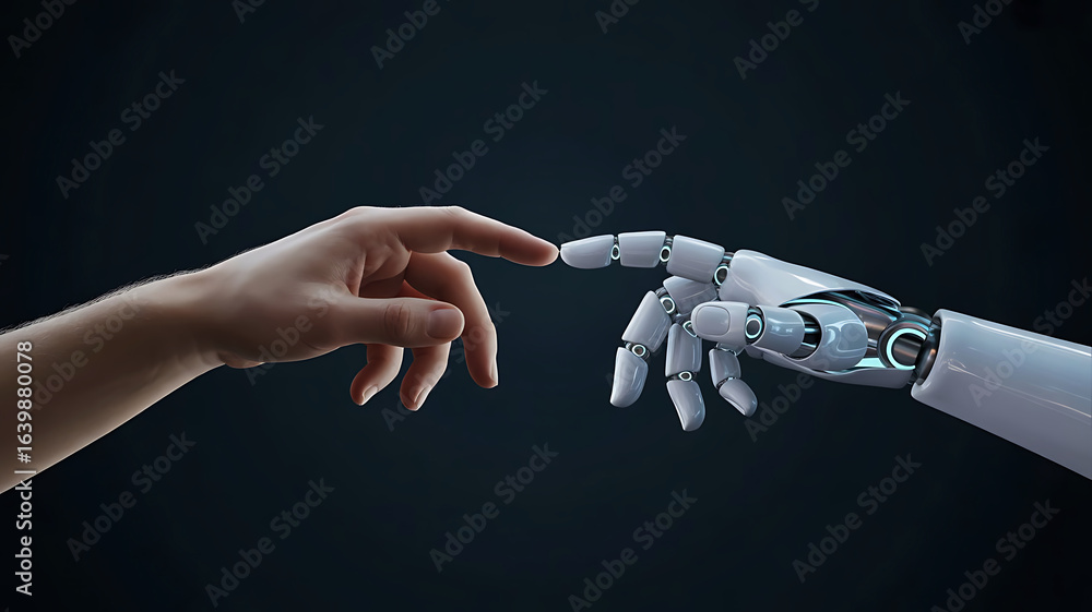 Poster human and robotic hand fingers touching in a symbolic gesture of connection and future technology