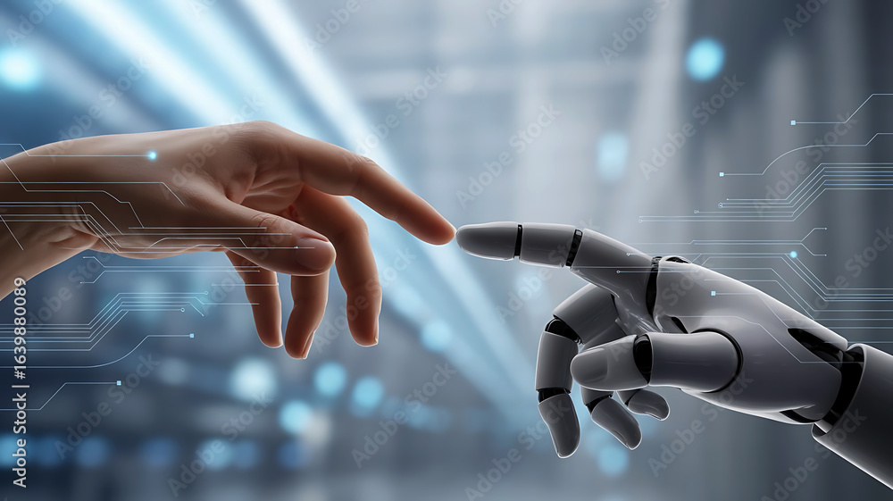 Poster human and robot fingers reaching out to touch symbolizing artificial intelligence and future technol
