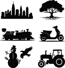 Obraz premium City Skyline Tree Train Scooter Snowman Eagle Tractor buildings skyscrapers