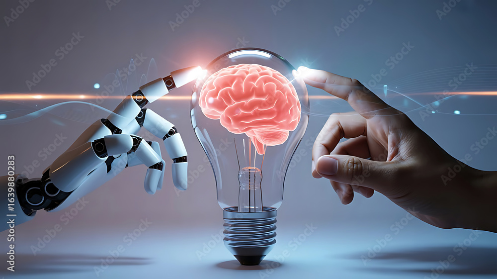 Poster robot and human hands interact with a glowing lightbulb containing a human brain symbolizing artific