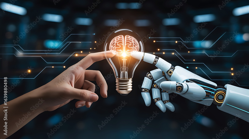 Poster human and robot hands reaching towards a glowing lightbulb with a brain inside symbolizing innovatio