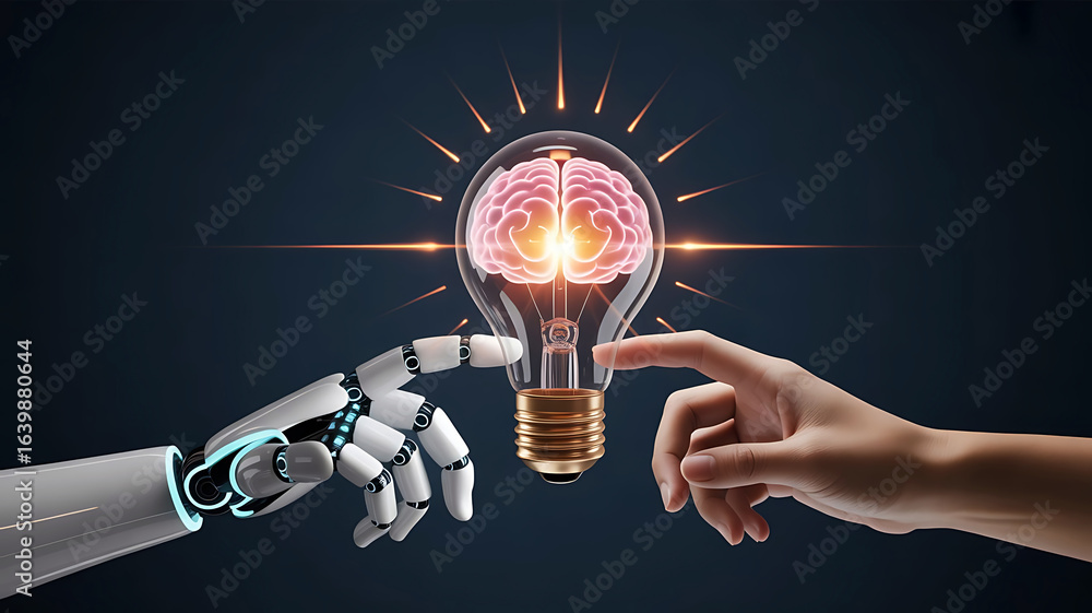 Poster human and robot hands connecting to a glowing lightbulb with a brain inside symbolizing innovation a