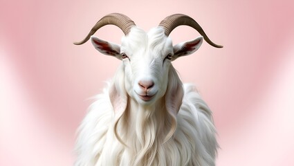 White longhaired goat with curved horns standing against a smooth light pink background.


