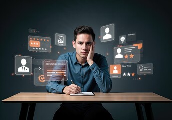 Pensive young man with digital reputation icons in modern workspace