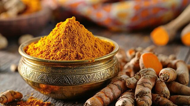 close-up of turmeric roots and powder in a traditional indian brass spice container video