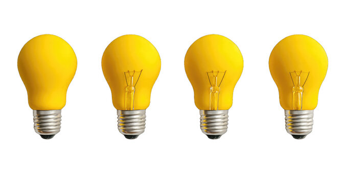 Four bright yellow light bulbs arranged in a horizontal row against a black background.  