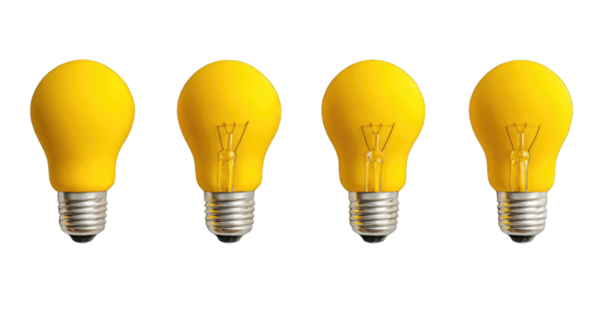Four bright yellow light bulbs arranged in a horizontal row against a black background.