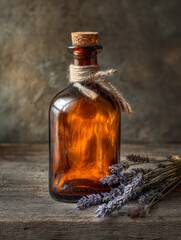 Amber glass bottle with twine and dried lavender on rustic wooden surface