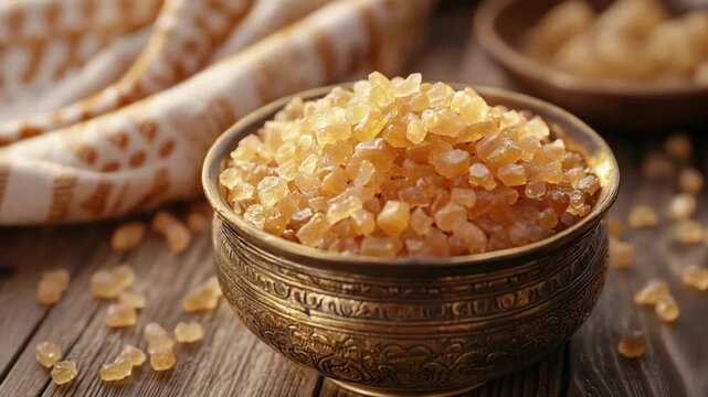 close-up of asafoetida resin pieces in a traditional indian brass spice container video