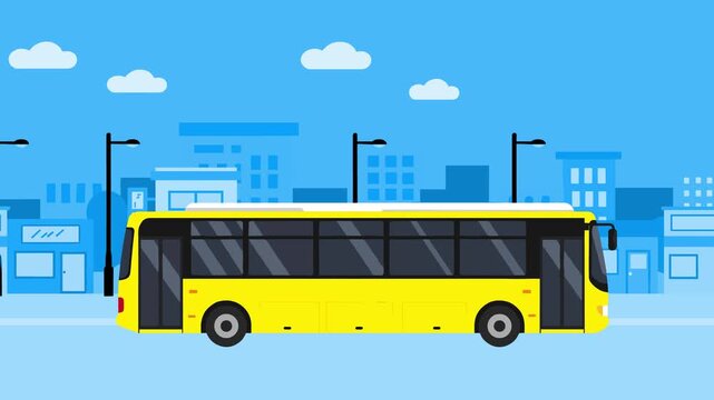 Flat vector animation of a yellow city bus moving through a bright city background. Great for transport, education, and school commute themes.