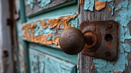 Macro photo of a rusty turquoise door handle on weathered wood, showing peeling paint and intricate patina details

