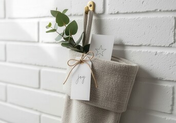 Minimalist Christmas stocking with eucalyptus and star card in Scandinavian style