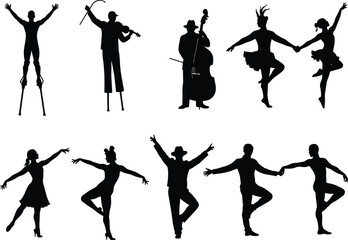 Silhouettes of dancers and musicians, stilt walker, violinist, double bass player, ballet dancers, expressive dance poses, performing arts concept