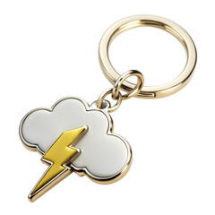 Cloud and Lightning Bolt Keychain A Detailed CloseUp of a Metal Charm with a Gold Accent