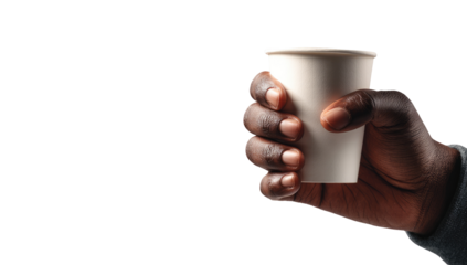 A hand holding a white disposable coffee cup