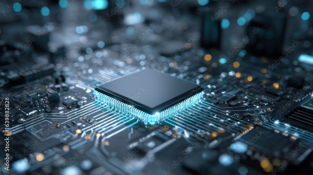 Poster a microprocessor is prominently displayed at the center of a complex circuit board, surrounded by va