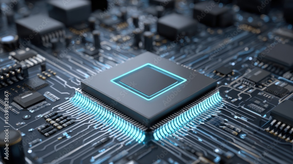 Poster a close-up view of a microchip situated on a circuit board displaying advanced circuitry and various