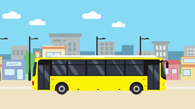 Animated yellow city bus driving along the street in a cartoon-style background. Bright yellow moving vehicle with modern buildings, lamps, and sky. Perfect for traffic explainer videos, educational p