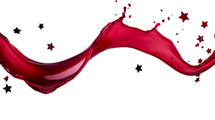 Red liquid splash with shimmering stars on white