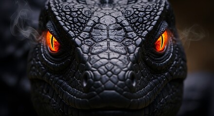 Intense close up of a black dragon's face with piercing orange eyes and smoky breath, perfect for fantasy game art, book covers, or mythical creature designs that need dramatic impact