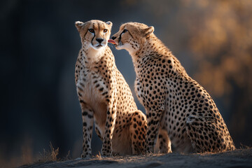 Obraz premium Two Cheetahs share an intimate moment, showing affection and connection. One cheetah gently licks the other, creating a tender scene in their natural habitat
