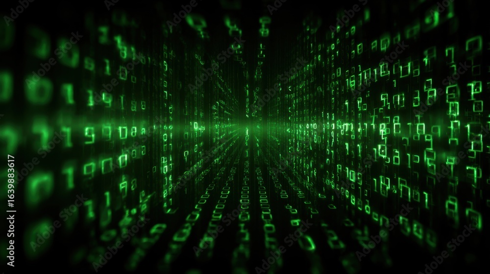 Poster this artwork depicts a flowing stream of green binary numbers set against a dark background, evoking