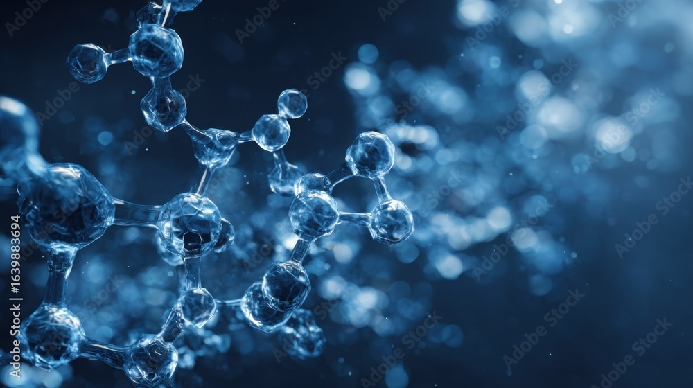 Poster in a laboratory setting, water molecules are illuminated by blue light, forming a striking visual di