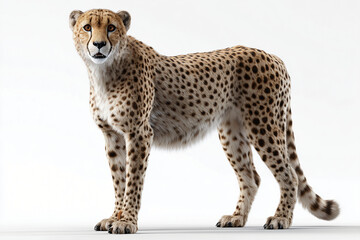 A majestic cheetah standing with a piercing gaze, exuding confidence. Its spotted coat and muscular build showcase its strength and agility