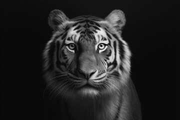 A striking black and white portrait of a majestic tiger, its gaze piercing and intense against a dark backdrop. The detail of the tiger's face is captured with remarkable clarity.