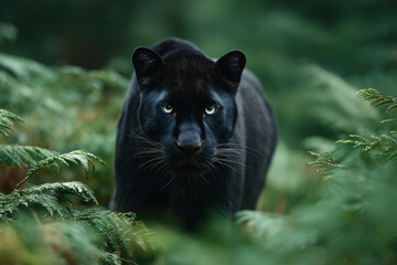Majestic black panther amidst lush green foliage, a captivating gaze focuses on the viewer. The animal's sleek, dark coat contrasts beautifully with the surrounding vegetation.