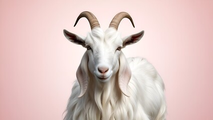 Obraz premium Fluffy white goat with long hair and prominent horns, posed on a pastel pink backdrop.