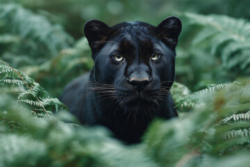 A black panther is seen amidst lush green foliage, staring intently with its piercing eyes. The panther's sleek, black fur contrasts beautifully with the vibrant greenery.